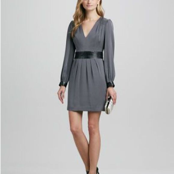 Milly Ellena leather trim silk Charmeuse gray/black dress size 10 - Picture 3 of 12